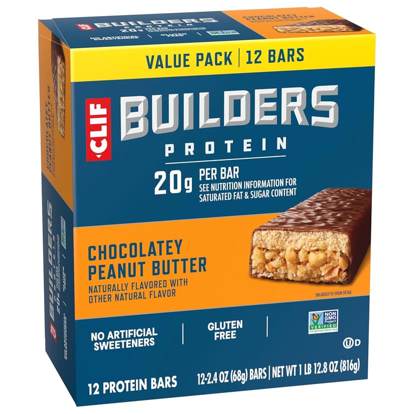 CLIF BUILDERS Protein Bars - Chocolate Peanut Butter Flavor - 20g Plant Based Protein - Gluten Free - Non-GMO - Low Glycemic - No Artificial Sweeteners - Value Pack, 2.4 oz. (12 Count)