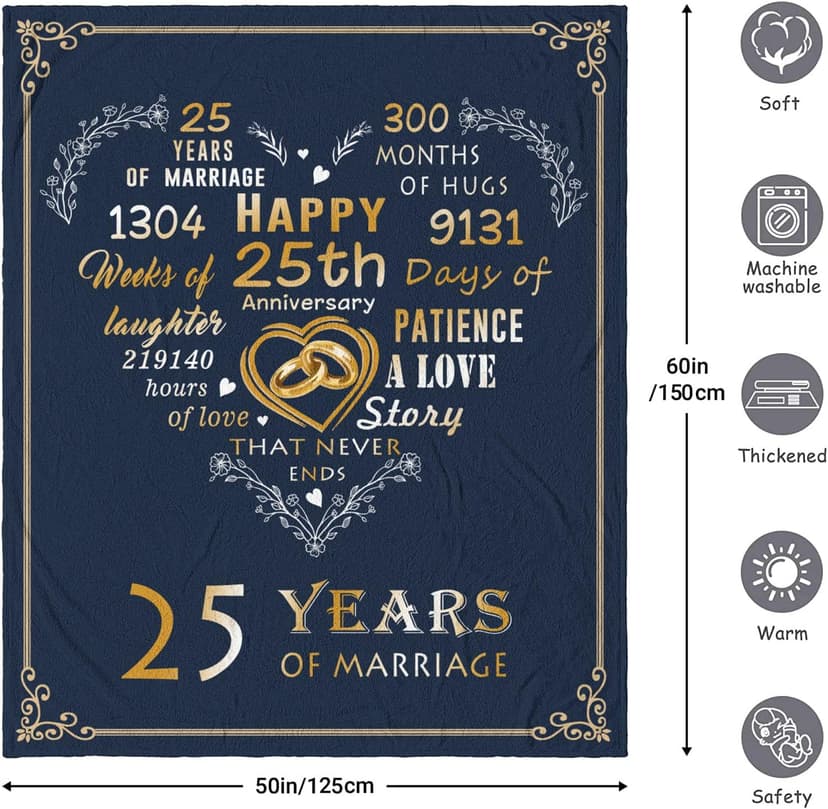 Mosslink Gifts for 25th Anniversary Blanket, 25th Silver Wedding Anniversary Couple Gifts for Dad Mom Parents Friends, 25 Years of Marriage Throw Blankets for Husband Wife Her Him 50"x60"