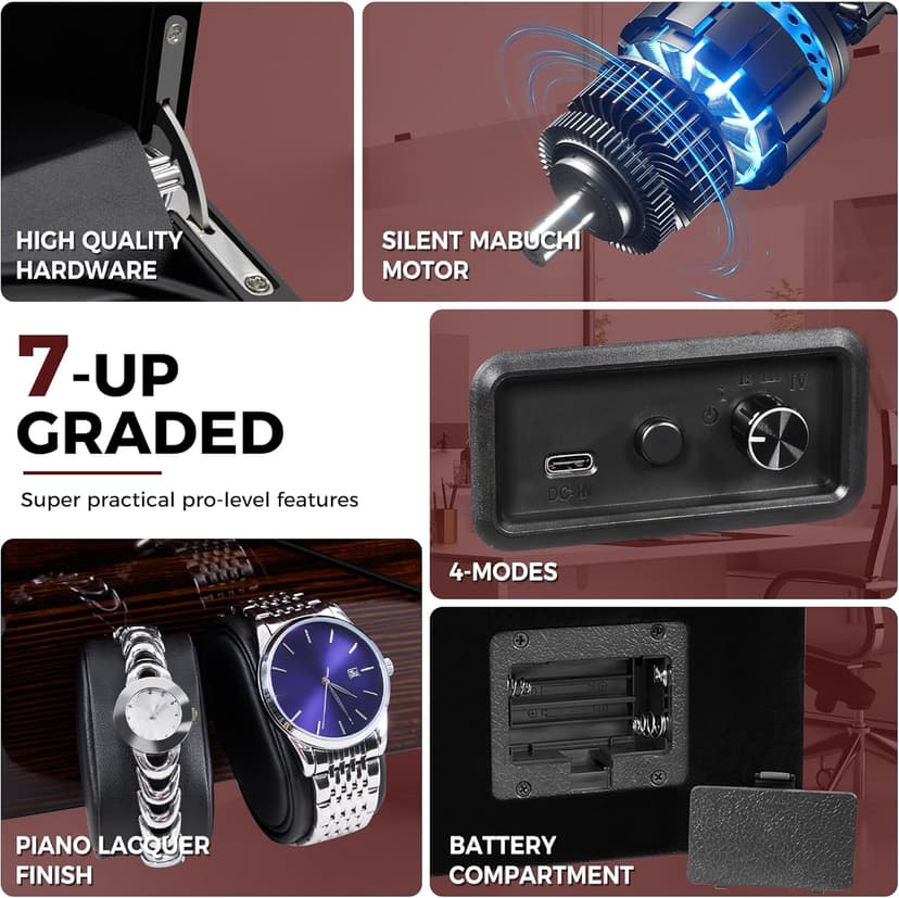 ANWBROAD ANWBROAD Watch Winder for Automatic Watches Double with Super Quiet Motor Flexible Watch Pillows LED Backlight Wooden 5 Modes Battery or Type-C Adapter UJWW001Y