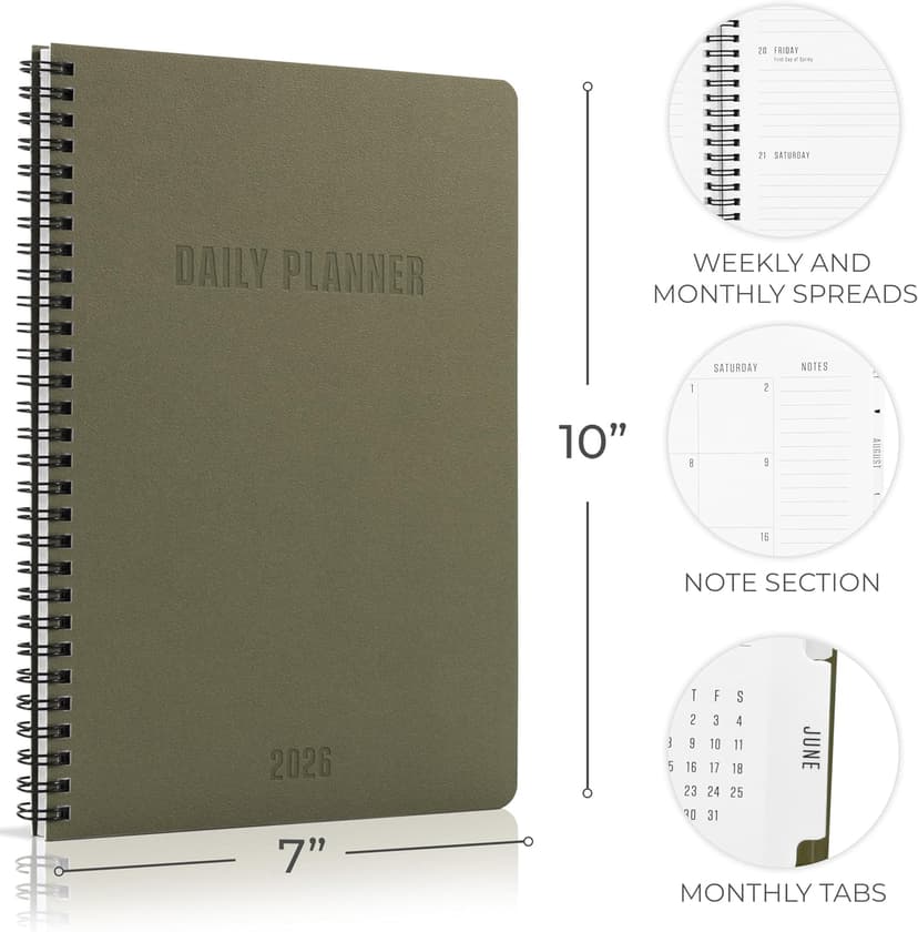 Durable 2026 Daily Planner - 7" x 10" Daily Planner with Weekly & Monthly Spreads for Easy Planning - Perfect Calendar Book for Women or Men To Organize All Appointments, Tasks and Boost Productivity