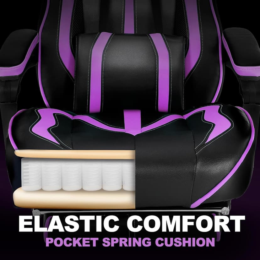 Vonesse Purple Gaming Chair with Footrest, Reclining Computer Gaming Chairs for Adults, Ergonomic Gamer Chair with Massage, Big and Tall PC Game Chair(Purple/Black)