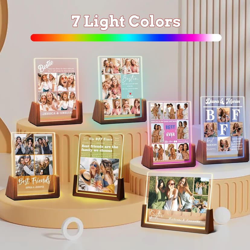Personalized Best Friend Birthday Gifts for Women, Unique Friendship Gifts, Custom Acrylic Night Light Friend Picture Frame with Photo Name, Long Distance BFF Sister Bestie Christmas Gift