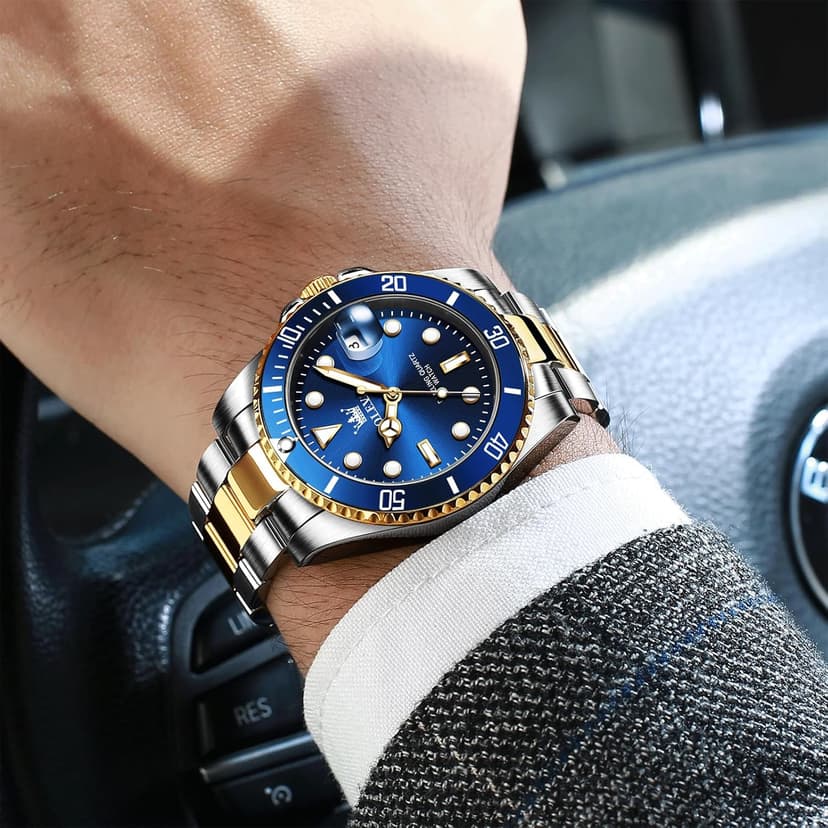 OLEVS Men's Stainless Steel Watch, Big Face Easy to Read Analog Quartz Dress Watches, Classic Rotating Bezel Waterproof Luminous Hands Date Mens Wristwatch