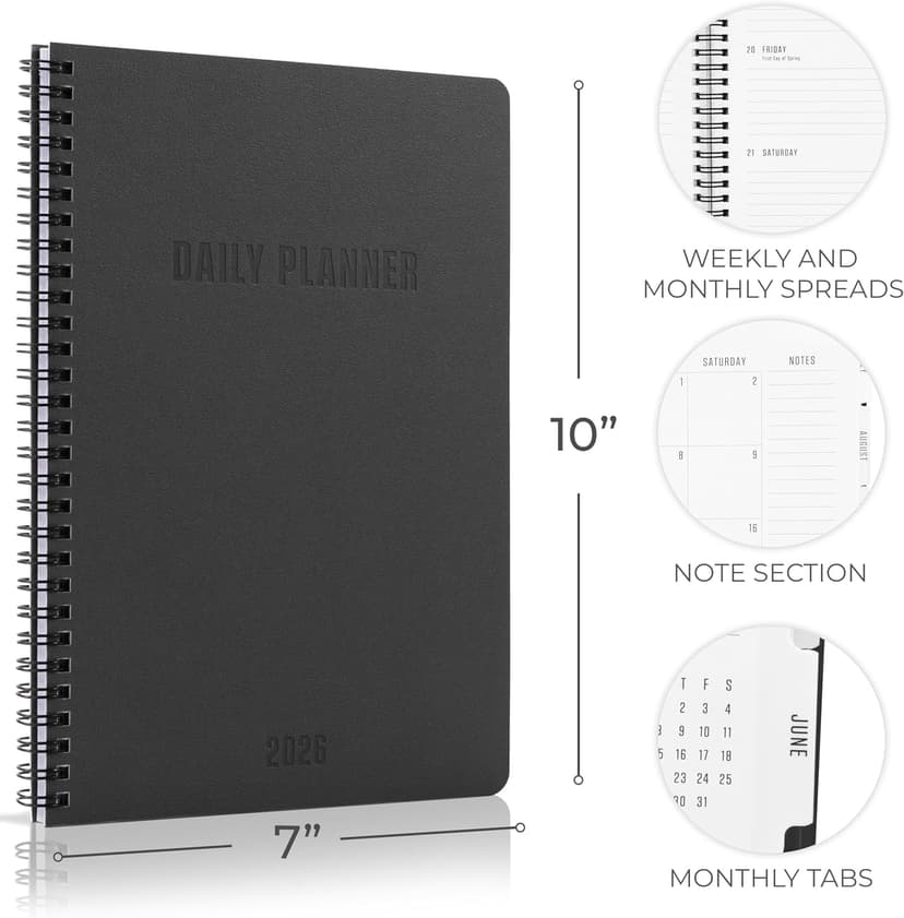 Durable 2026 Daily Planner - 7" x 10" Daily Planner with Weekly & Monthly Spreads for Easy Planning - Perfect Calendar Book for Women or Men To Organize All Appointments, Tasks and Boost Productivity