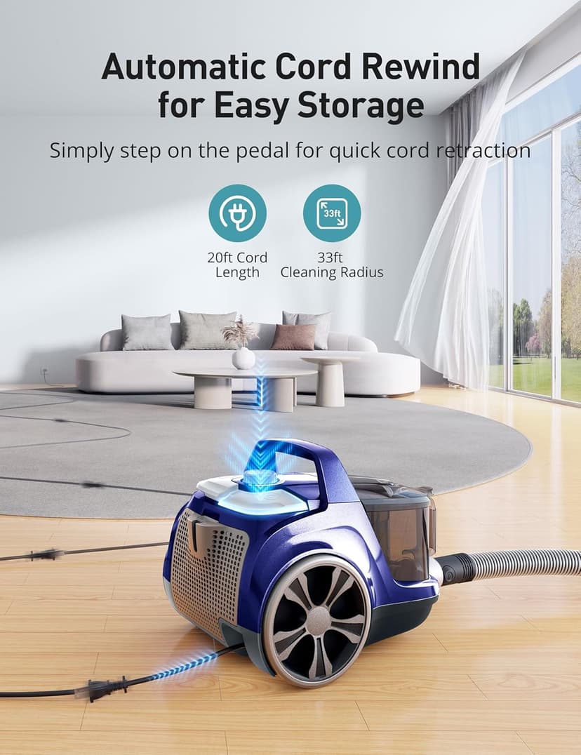 Aspiron Canister Vacuum, Upgraded 1600W Bagless Canister Vacuum Cleaner, Auto Cord Rewind, H13 HEPA Filter, 4Qt Large Capacity, 5 Tools for Hard Floors, Carpet, Pet, Upholstery, Tiles, Sapphire