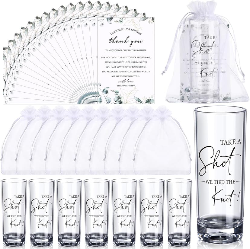 Sliner 50 Set Wedding Favors for Guests Bulk 2oz Acrylic Take a Shot We Tied the Knot Shot Glasses with Thank You Cards Organza Bags for Guest Souvenirs Wedding Gifts Newlyweds Bridal Shower Party