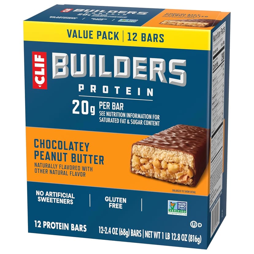 CLIF BUILDERS Protein Bars - Chocolate Peanut Butter Flavor - 20g Plant Based Protein - Gluten Free - Non-GMO - Low Glycemic - No Artificial Sweeteners - Value Pack, 2.4 oz. (12 Count)