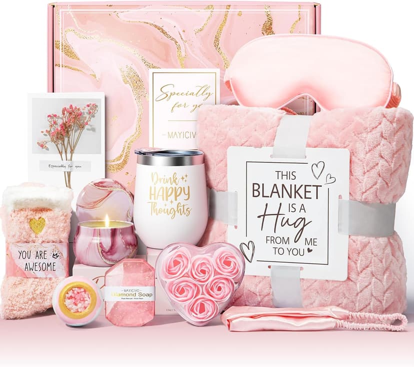 Birthday Gifts for Women Self Care Gifts Get Well Soon Gifts, Rose Relaxing Spa Gifts Basket Care Package w/ Luxury Flannel Blanket, Unique Mothers Day Gifts for Mom Her Friend Sister Wife Grandma