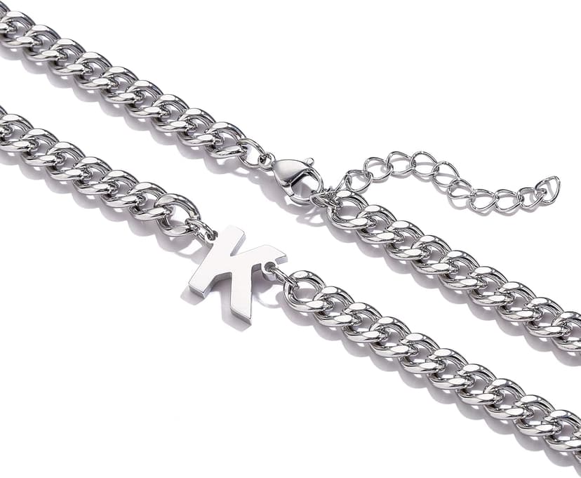 DuoDiner Initial A-Z Cuban Link Chain Necklaces for Men Boys Women Letter Pendant Stainless Steel 6.5mm 18+2 Inches,Jewelry Gifts