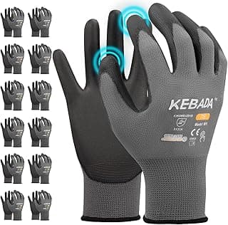 Kebada W1 Work Gloves for Men and Women, PU Coated Safety Gloves with Grip, Touchscreen, Ideal for Warehouse Package Handling, Construction, Gardening, 12 Pairs Gray Large