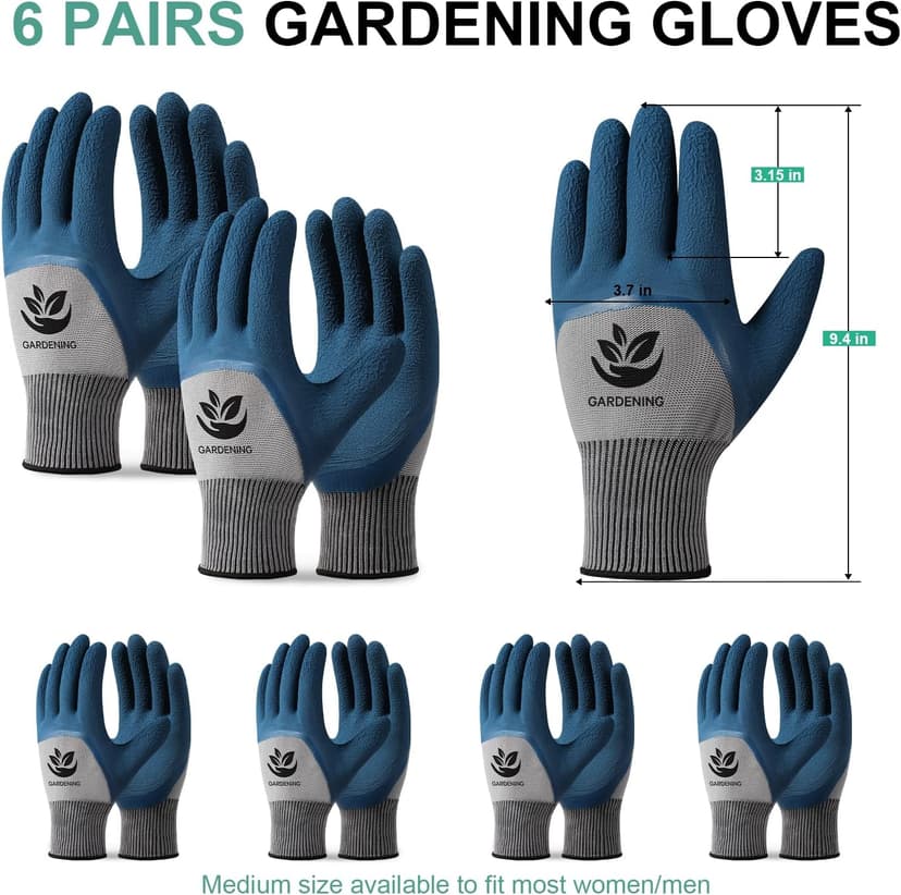 Trifabricy Garden Gloves for Women Men - 6 Pairs Breathable Hard-wearing Latex Coated Gardening Gloves for Women, Indoor/Outdoor Protective Working Gloves with Grip, Blue & Grey