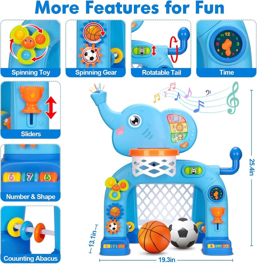Toddler Basketball Hoop & Soccer Goal, Toys for 1 2 3 Year Old Boys Girls, Kids Sports Toy with Light Sound Music, Montessori Toys for Baby 12-18 Months, Christmas Birthday Gifts for Ages 1-3(Blue）