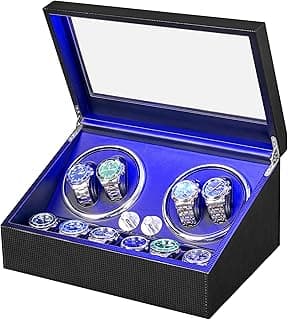 ANWBROAD ANWBROAD Watch Winder for Automatic Watches 4 Watch Rotator and 6 Extra Storages with Super Quiet Motor and LED Backlight Turner Carbon Fiber Shaker 5 Rotating Modes USB UJWW002F