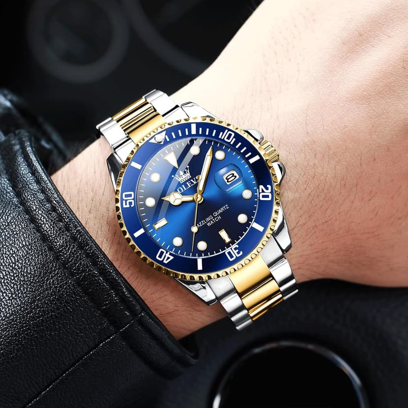 OLEVS Men's Stainless Steel Watch, Big Face Easy to Read Analog Quartz Dress Watches, Classic Rotating Bezel Waterproof Luminous Hands Date Mens Wristwatch