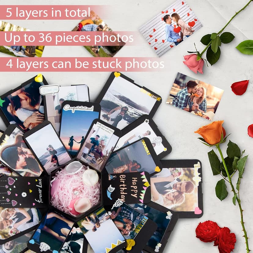 Koogel Explosion Gift Box, Handmade Exploding Photo Album Preassembled Surprise Picture Pop Up Love Box with Creative DIY Scrapbooking Accessories for Anniversary Birthday Wedding