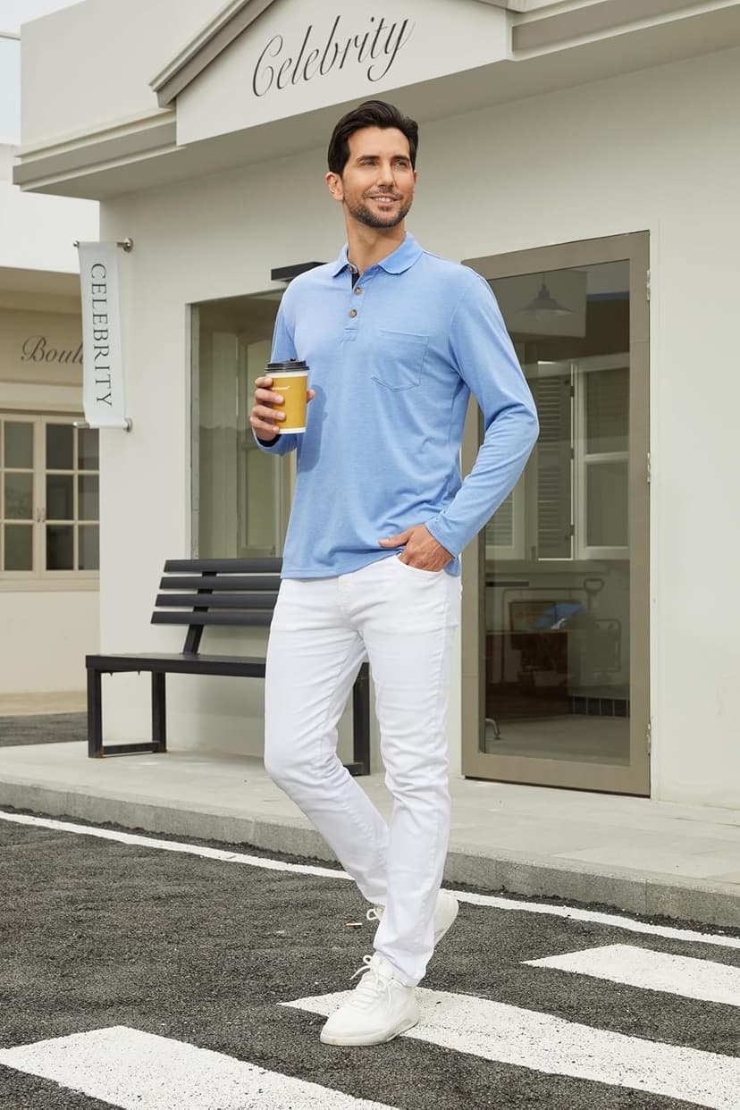 Envmb Men's Casual Long Sleeve Polo Shirts Button Classic Cotton Shirt Work Collared Stylish Golf Shirt with Pocket