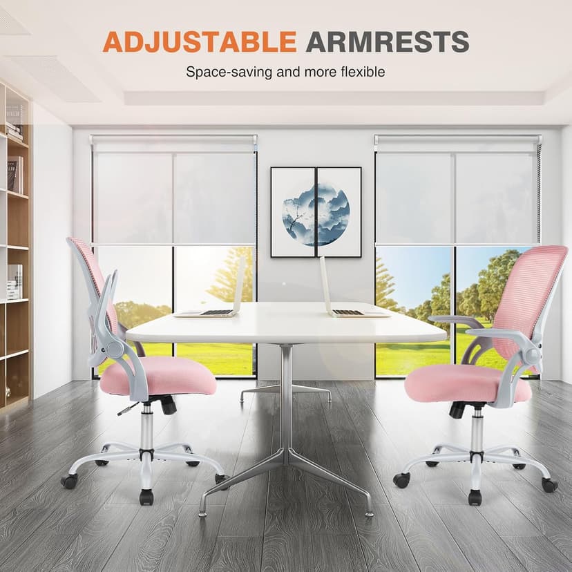 Sweetcrispy Home Office Computer Desk Chair, Ergonomic Mid-Back Mesh Rolling Work Swivel Task Chairs with Wheels, Comfortable Lumbar Support, Comfy Flip-up Arms for Bedroom, Study, Student, Pink