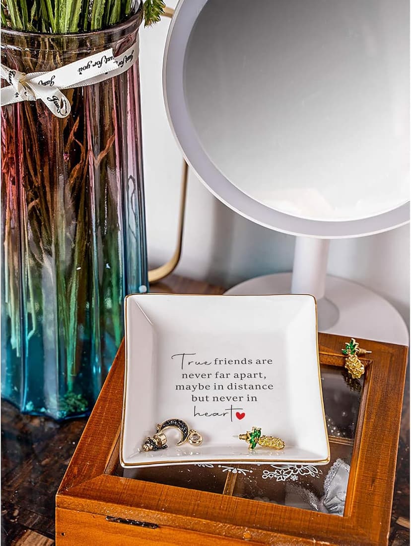 SUNBMO Good Friends Bestie Gifts for Her Ceramic Jewelry Trinket Dish - True Friends are Never Far Apart, Maybe in Distance but Never in Heart