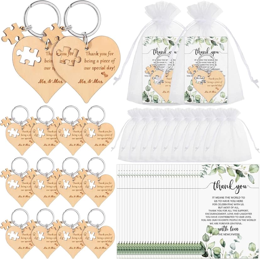 Wedding Favors for Guests Wood Heart Puzzle Keychains Thank You Cards Gift Bag Bridal Shower Souvenir Gifts(50 Sets)