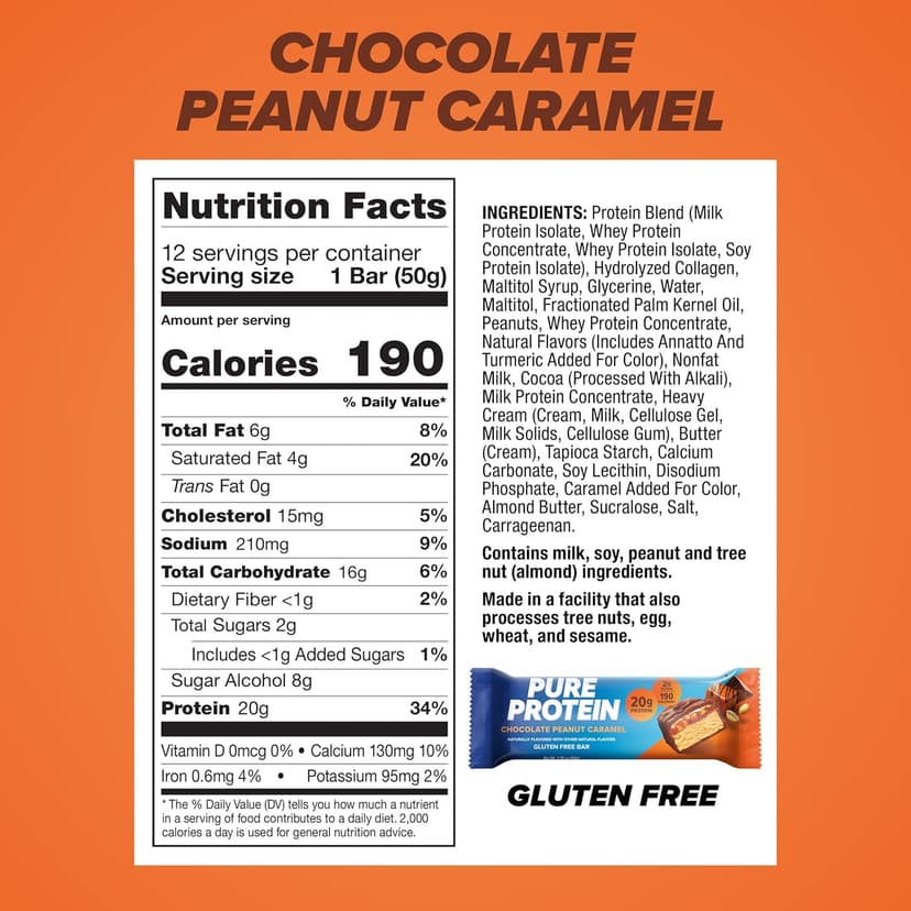 Pure Protein Chocolate Peanut Caramel Protein Bars – 20g Protein, 3g Sugar, 190 Calories (12 count) Low Sugar* High Protein Snack - Gluten Free - Perfect for a Healthy Snack