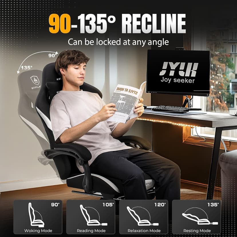 GTRACING Gaming Chair Ergonomic Office Chair with Foot Rest & Pocket Spring Cushion, Breathable Fabric Computer Chair with Headrest & Lumbar Support, High Back Game Chair for Adults, Coal-Black