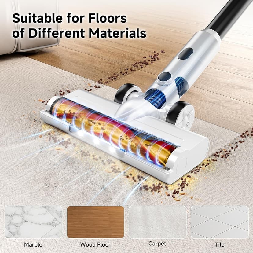 BSNAW Cordless Vacuum Cleaner for Home - Lightweight, Stick Vacuum Clean with Rechargeable Battery, Max 45Mins Runtime, 8 in 1 Handheld Vacuum for Hardfloor & Carpets Pet Hair, White&Yellow