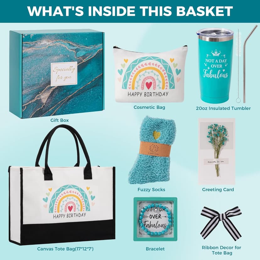 Birthday Gifts Basket for Women,Happy BD Box for Her,Tuning to a New Year Old Female Gifts Bag,Unique Canvas Tote Bag Bday Presents Set Ideas for Mom Best Friend Sister Aunt Teacher Coworker Grandma