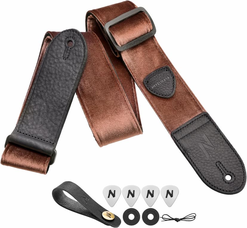 Nefelibata Guitar Strap,Double Full-Grain Leather Ends,Vintage Velvet Strap/FREE BONUS-4 Picks+Strap Locks+Strap Button,Gift For Bass,Electric&Acoustic Guitars(Vintage Coffee Brown)