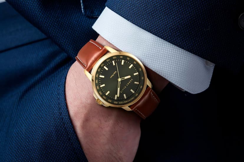 Perry Ellis Solar Powered Mens Watch | Vegan Leather Water-Resistant Analog Wrist Watches for Men | 43mm Case | Aluminum Tachymeter Bezel | Elegant Gift for Man