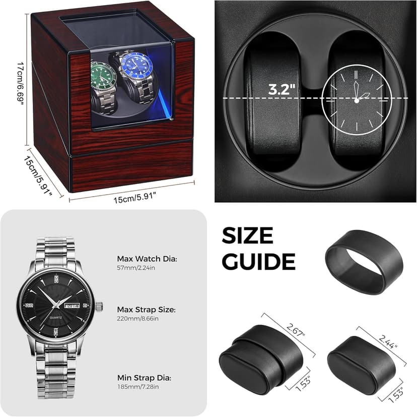 ANWBROAD ANWBROAD Watch Winder for Automatic Watches Double with Super Quiet Motor Flexible Watch Pillows LED Backlight Wooden 5 Modes Battery or Type-C Adapter UJWW001Y