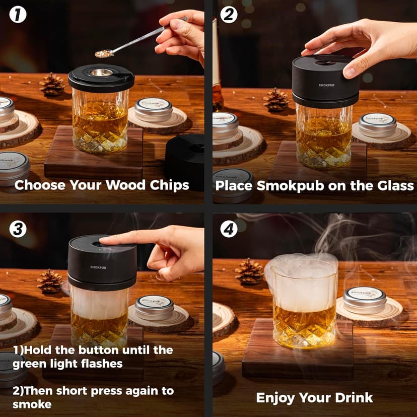 Electric Whiskey Smoker Kit Built-in Lighter, No Butane Needed, Rechargeable Cocktail Smoker Kit with 6 Wood Chips, Old Fashioned Drink Smoker Kit, Bourbon Whiskey Gifts for Men,Dad,Husband