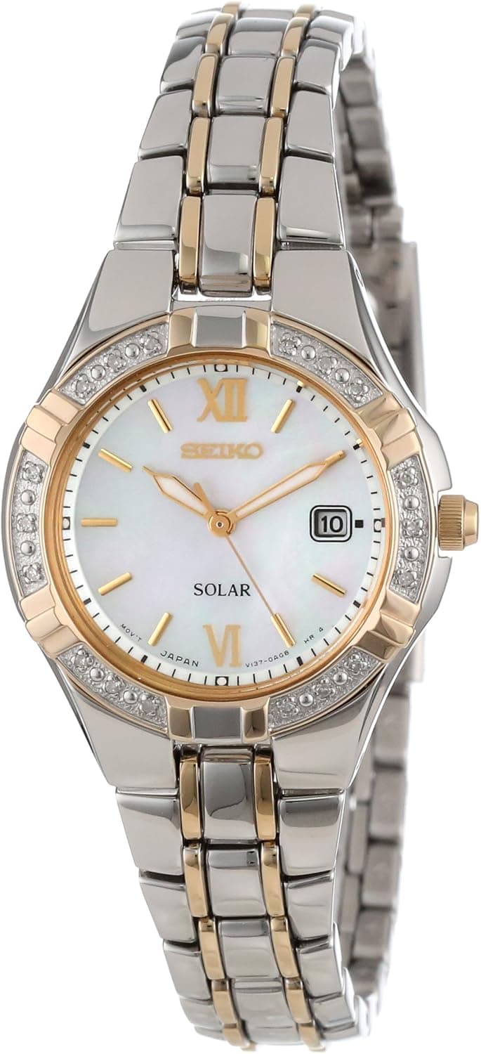 SEIKO Watch for Women - Diamond Collection - with 18 Diamond Accents, Solar Power, Mother-of-Pearl Dial, Two-Tone Rose Gold Stainless Steel Case & Bracelet, and Water-Resistant to 50m