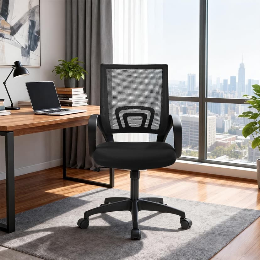 BestOffice | Ergonomic Office Chair | Mid-Back Swivel Desk Chair | Breathable Backrest & Lumbar Support | Adjustable Height | Sponge Seat | Rolling Wheels | Dark Black | for Adults & Women