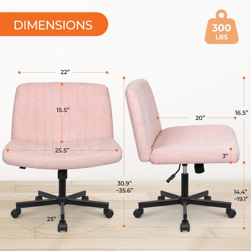 Orange Factory Criss Cross Chair Wheels Wide Cross Legged Office Desk Vanity Chair Comfy Fabric Armless Adjustable Swivel for Home Computer Task (Pink)