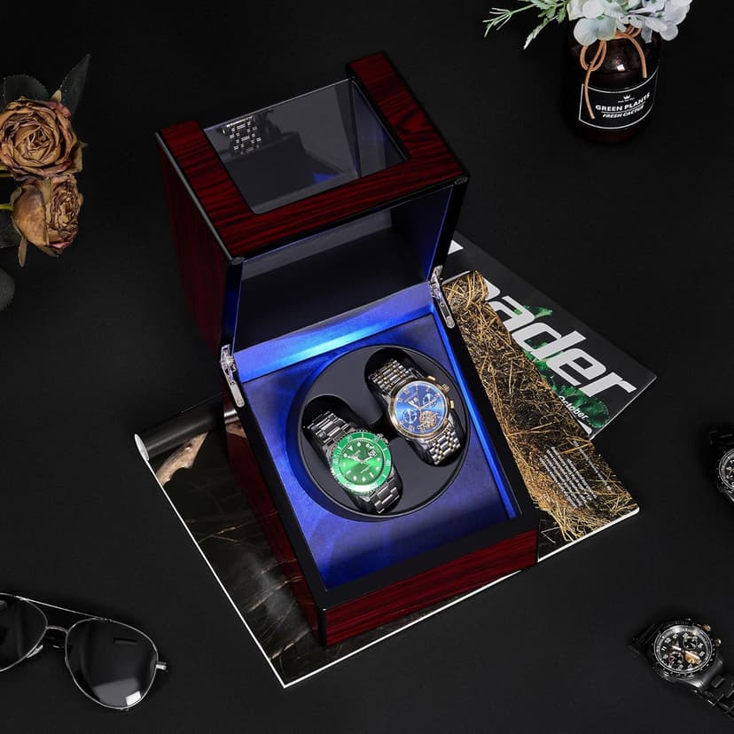 ANWBROAD ANWBROAD Watch Winder for Automatic Watches Double with Super Quiet Motor Flexible Watch Pillows LED Backlight Wooden 5 Modes Battery or Type-C Adapter UJWW001Y