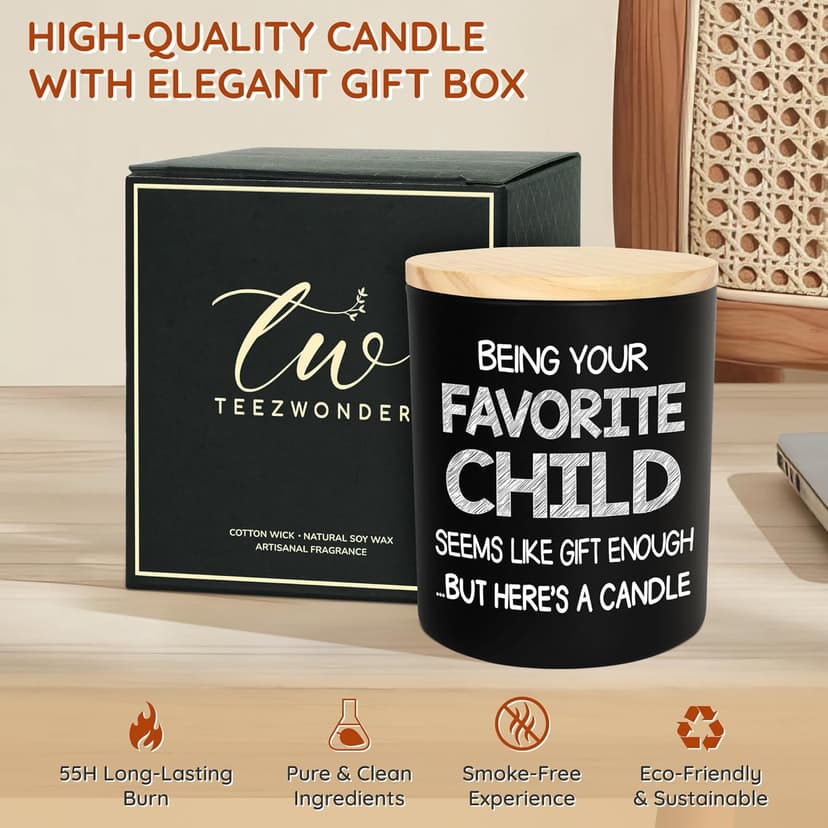 TEEZWONDER Birthday Gifts for Mom - Favorite Child Scented Candle Vanilla Lavender 10 oz - Christmas Funny Gifts for Mom Dad from Daughter Son, Grandma Grandpa Gift Ideas, Candle for Parents