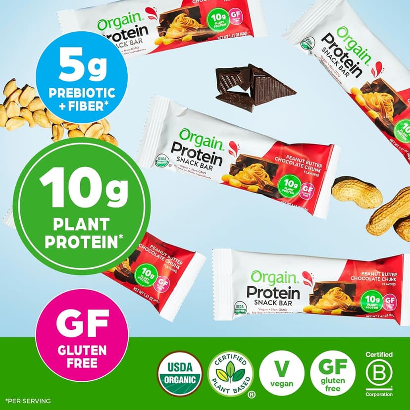 Orgain Organic Vegan Protein Bars, Peanut Butter Chocolate Chunk - 10g Plant Based Protein, Low Calorie Healthy Snacks, No Lactose or Soy Ingredients, Gluten Free, Non-GMO - 1.41 Oz (Pack of 12)