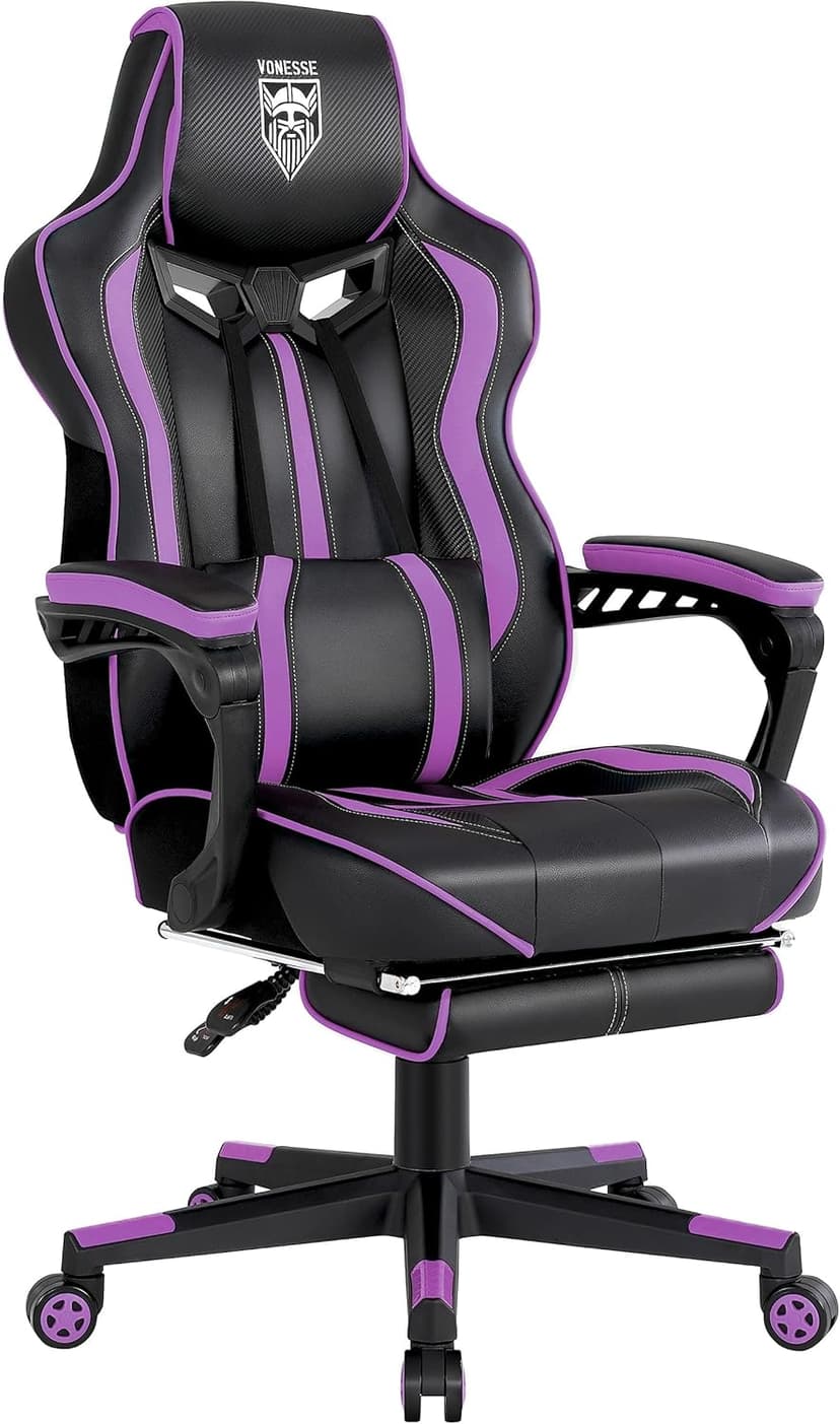 Vonesse Purple Gaming Chair with Footrest, Reclining Computer Gaming Chairs for Adults, Ergonomic Gamer Chair with Massage, Big and Tall PC Game Chair(Purple/Black)