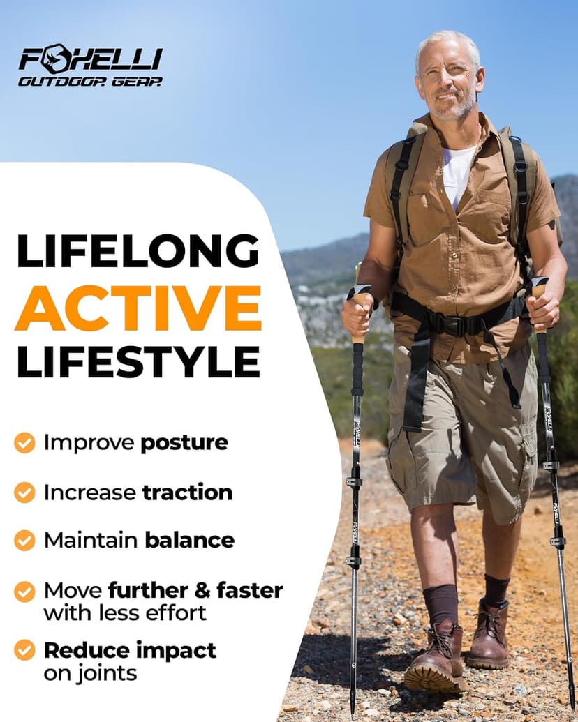 Foxelli Trekking Poles – Lightweight Collapsible Aircraft Grade Aluminum Hiking Poles with Cork Grips Quick Locks & All-Terrain Accessories – Pair of 2