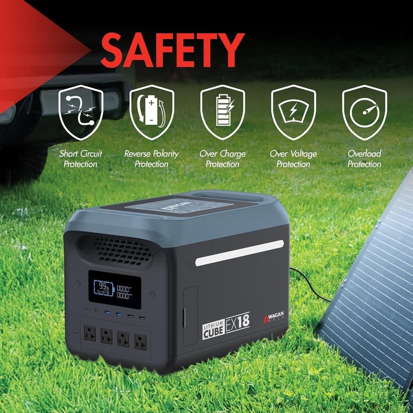 Wagan EL8840 Portable Power Station EX18 Lithium Cube Solar Generator 1229Wh LiFePO4 Battery Fast Charge 1800W 3000W peak AC 100W USB-C for Home Backup, Power Outages, Outdoor Camping, Off-grid