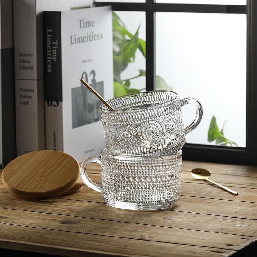 LANDNEOO 4pcs Set Vintage Coffee Mugs gifts for women, Overnight Oats Containers with Bamboo Lids and Spoons - 14oz Clear Embossed Glass Cups, Cute Coffee Bar Accessories, Iced Coffee Glasses