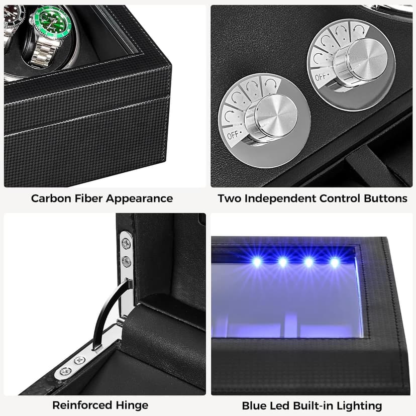 ANWBROAD ANWBROAD Watch Winder for Automatic Watches 4 Watch Rotator and 6 Extra Storages with Super Quiet Motor and LED Backlight Turner Carbon Fiber Shaker 5 Rotating Modes USB UJWW002F