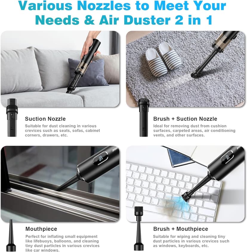 Upbooz Handheld Vacuum Cordless, Car Vacuum with 14000PA Powerful Suction with LED Light, Air Duster 2-in-1,Low Noise Rechargeable Portable Mini Vacuum Cleaner for Car Home Pet Office,Two Gears Black