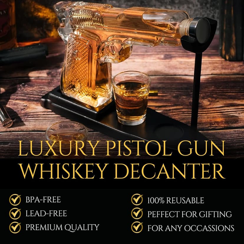 Gifts for Men Dad, 10.1 Oz Whiskey Gun Decanter Set + 2 Bullet Glasses - Unique Birthday Pistol Gift Ideas Daughter Son, Personalized Liquor Dispenser - Scotch Bourbon Vodka, Him, Brother Husband