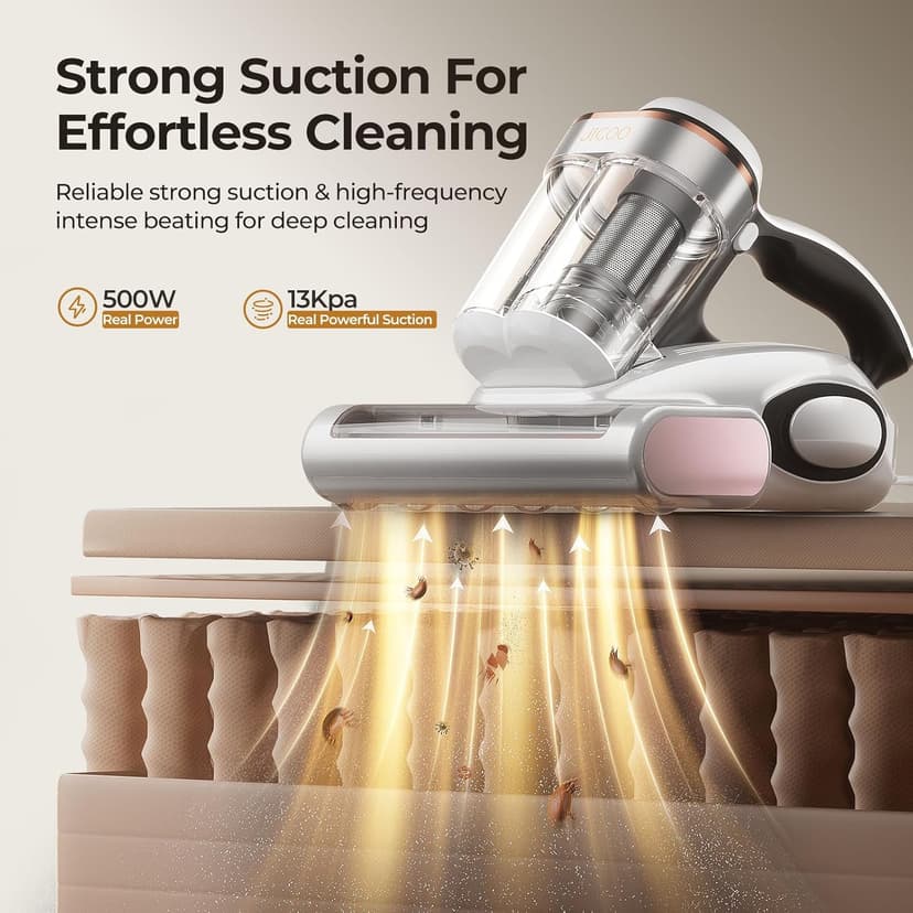 JIGOO Bed Vacuum Cleaner with Dust Sensor, Mattress Vacuum Cleaner with UV & Ultrasonic and High Heating, 13Kpa Suction 500W Powerful Double-Cup Handheld Vacuums (J300, Corded)