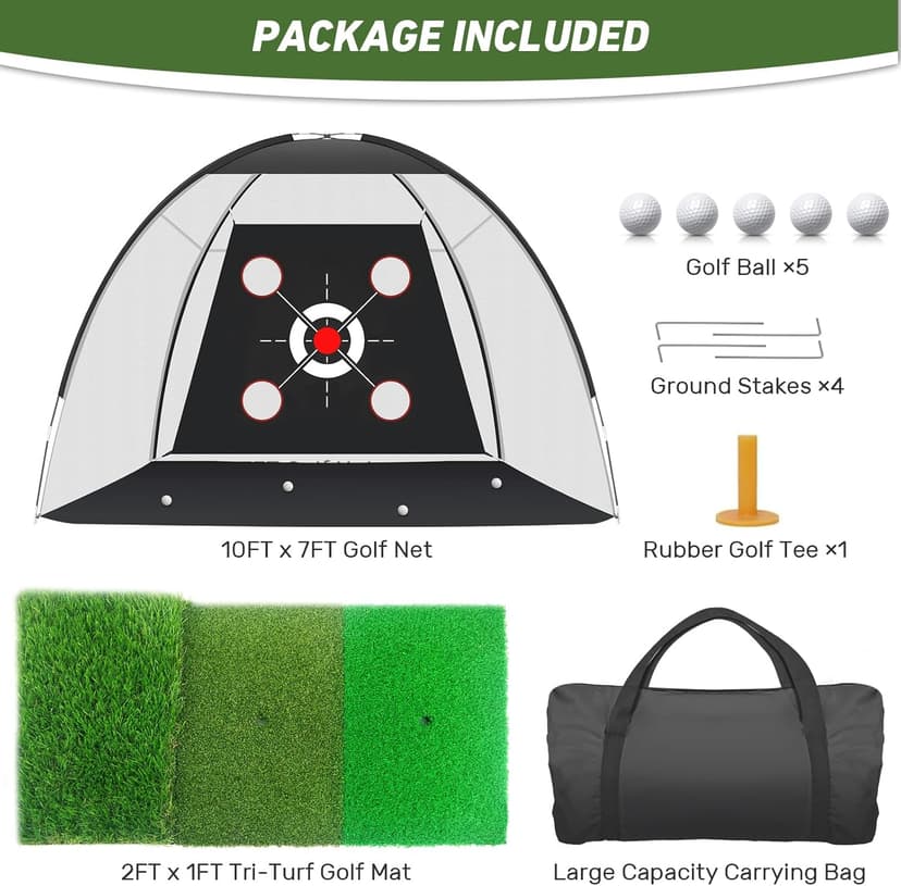 Golf Net with Practice Mat,Golf Hitting Aid Nets 10x7FT for Backyard Driving Chipping Training Swing with Target Mat Balls for Outdoor Indoor，Gifts for Men Dad Him and Golfer