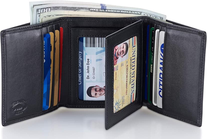 Stealth Mode Leather Trifold RFID Wallet For Men With Flip Out ID Holder (Black)