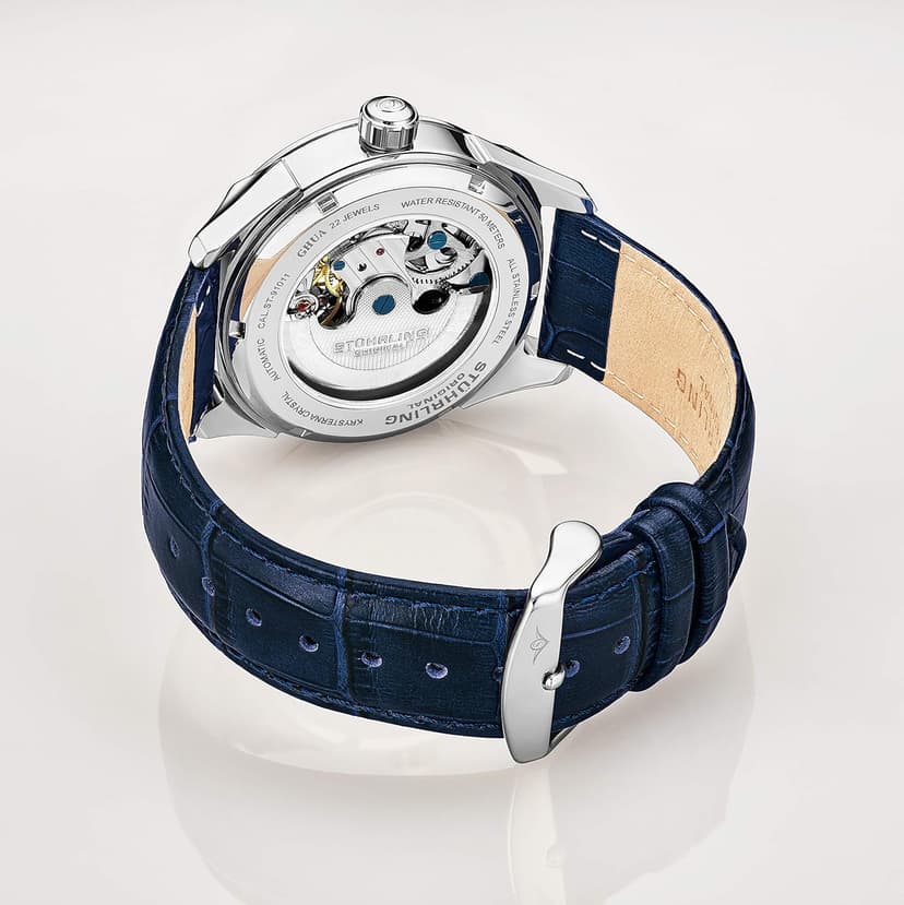 Stuhrling Mens Automatic Dress Watch Stainless Steel with Automatic Skeleton with Duel Time AM/PM Indicator