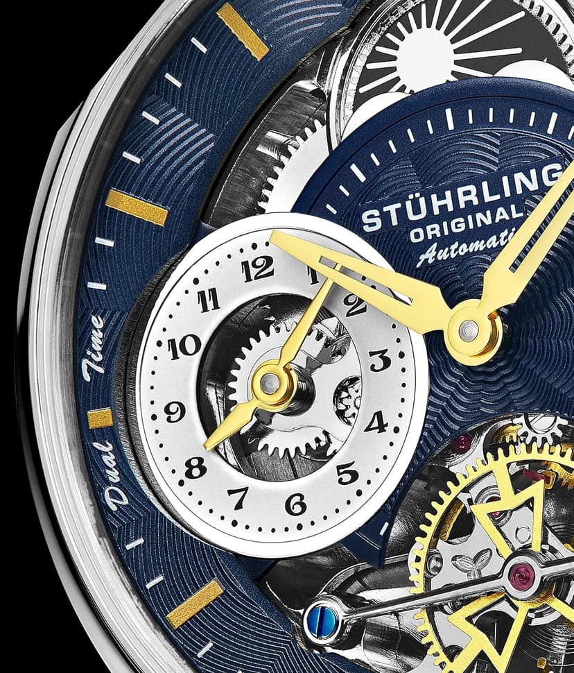 Stuhrling Mens Automatic Dress Watch Stainless Steel with Automatic Skeleton with Duel Time AM/PM Indicator