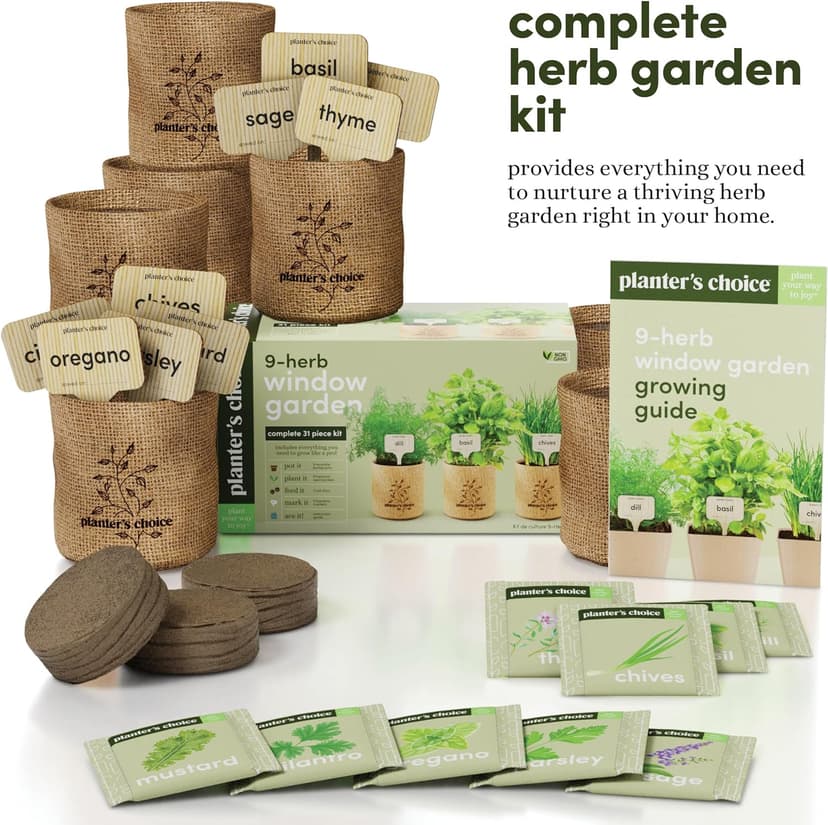 Planters' Choice 9 Herb Indoor Window Garden Kit - House Plants Seeds - Best Unique Gift Ideas for Women, Mom, Friend, Her, Birthday, Housewarming, Mother - New Home Kitchen Gifts - Live Plant Starter